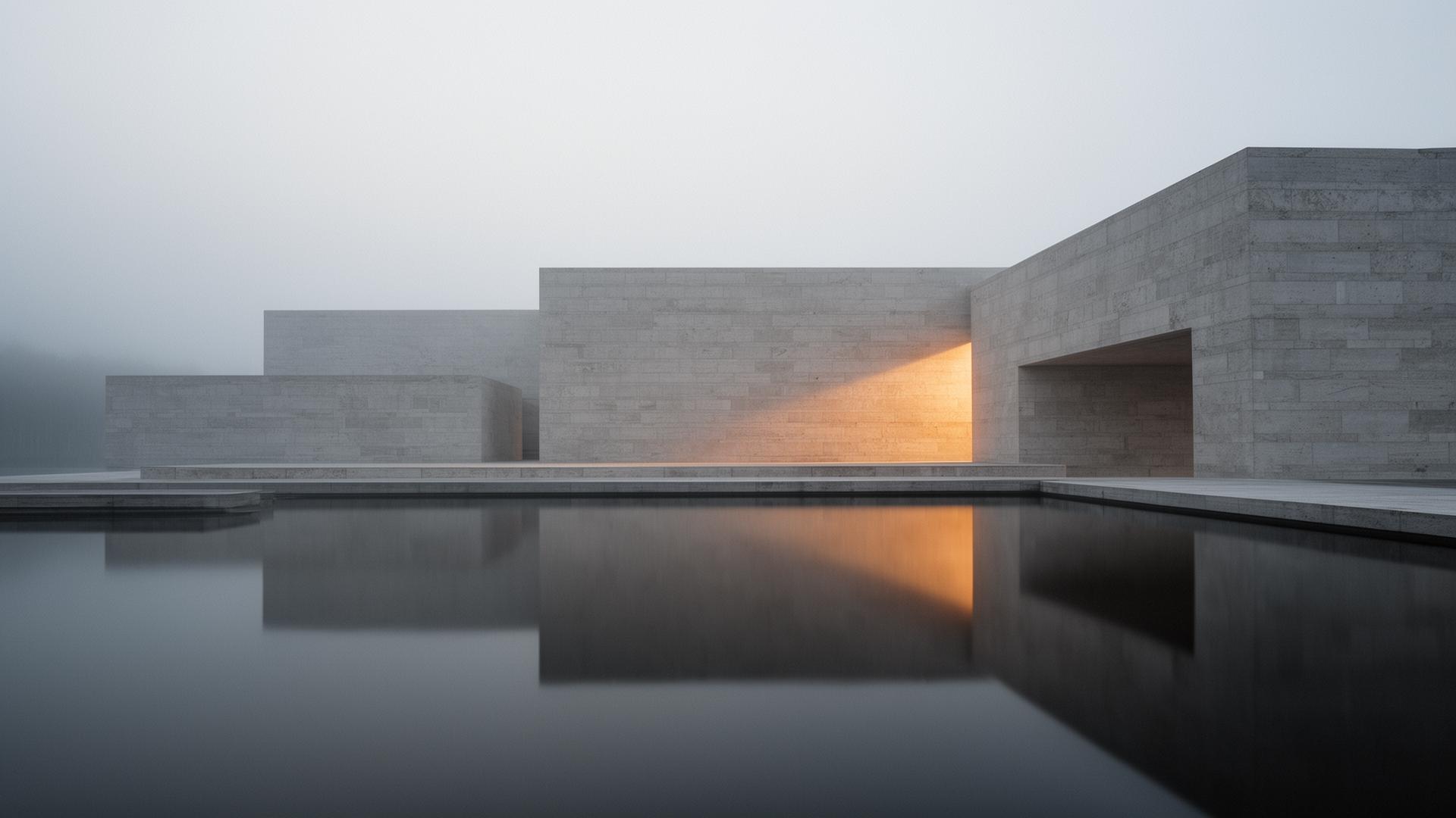 Stone pavilion at dawn reflecting on still water